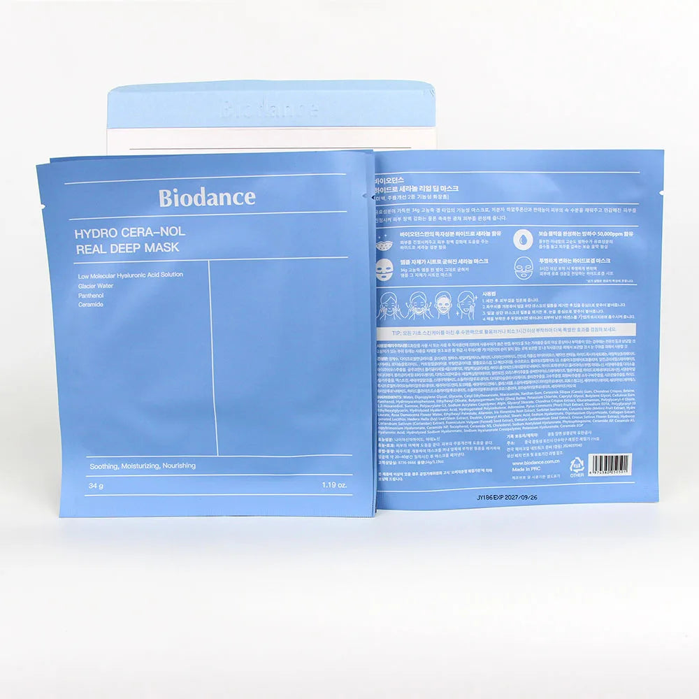 BIODANCE Hydro Cera-nol Real Deep Mask, Overnight Hydrogel Mask, Soothing, Moisturizing, Nourishing, 1.19oz(34g) x 4ea