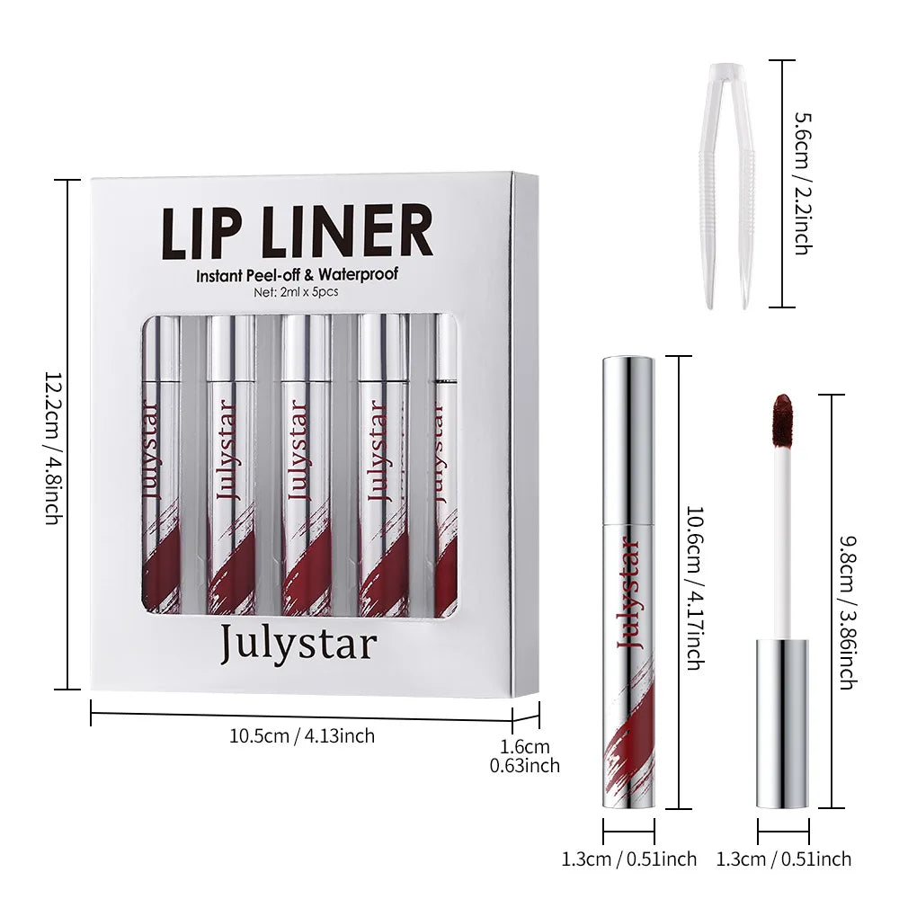 5pcs Peel Off Lip Liner Pen Set, Long-lasting Waterproof & Smudge-proof Peel Off Lip Liner Stain,Peel Off Lipstick Natural Lip