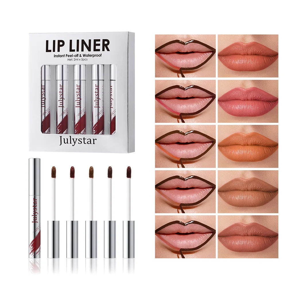 5pcs Peel Off Lip Liner Pen Set, Long-lasting Waterproof & Smudge-proof Peel Off Lip Liner Stain,Peel Off Lipstick Natural Lip